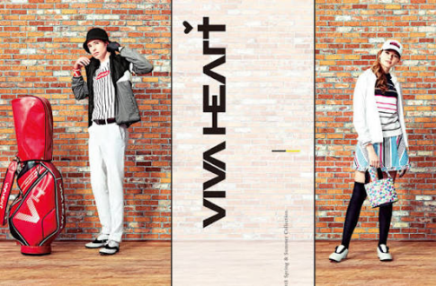 VIVA HEARTのゴルフウェアを着用した男女モデルとブランドロゴ