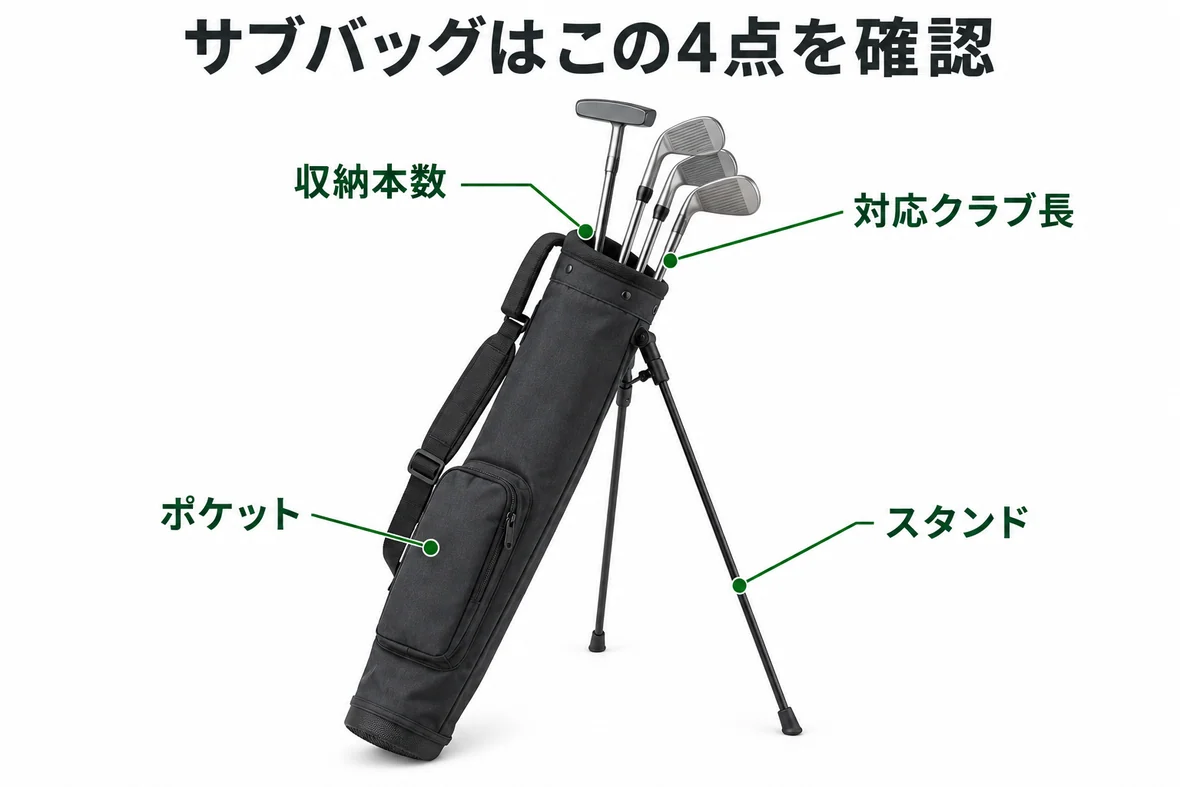 サブバッグ選びで確認する収納本数、対応クラブ長、ポケット、スタンド